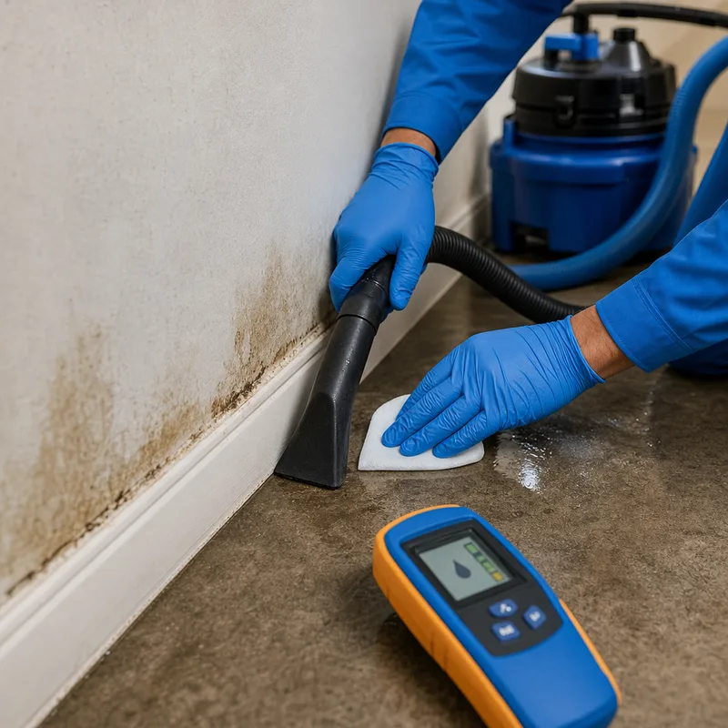 Gloved technician using HEPA filtration and moisture-aware cleaning methods near affected baseboards