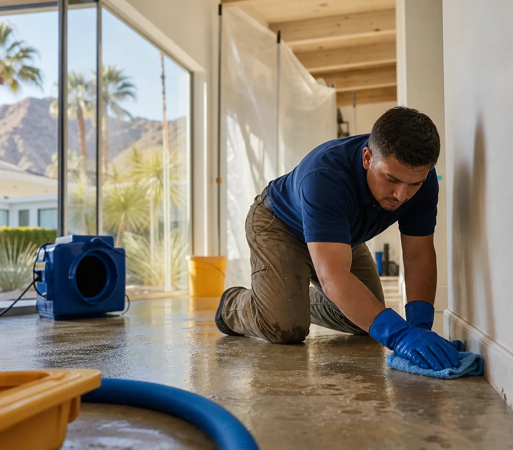 Technician cleaning affected flooring and baseboards inside a Palm Springs home