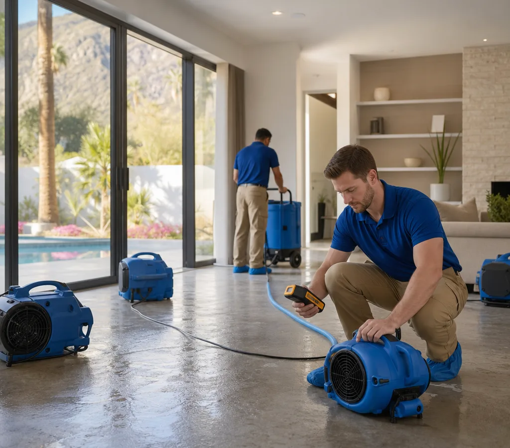 Technicians setting up air movers and a dehumidifier in a Palm Springs home while checking moisture
