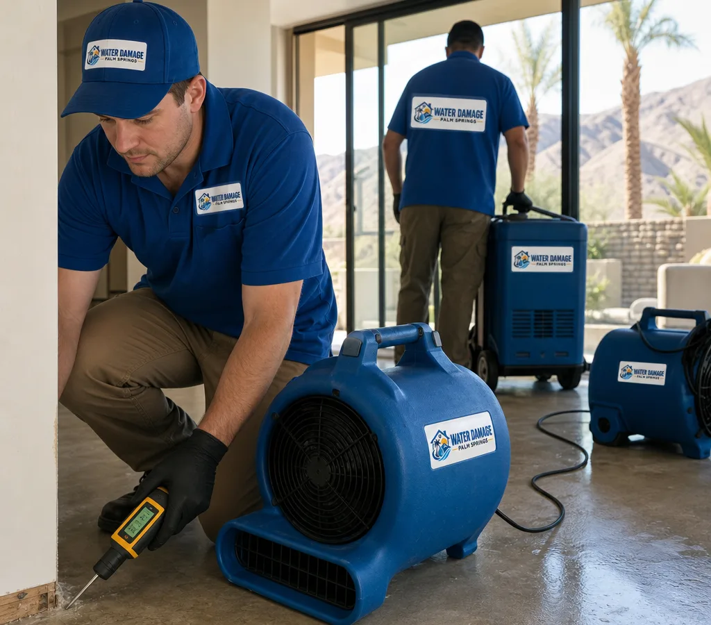 Technicians setting up air movers and a dehumidifier in a Palm Springs home while checking moisture