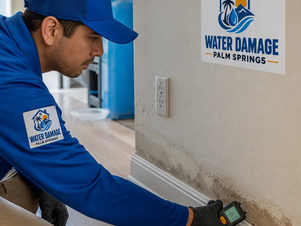 Technician documenting moisture readings along a baseboard and lower drywall
