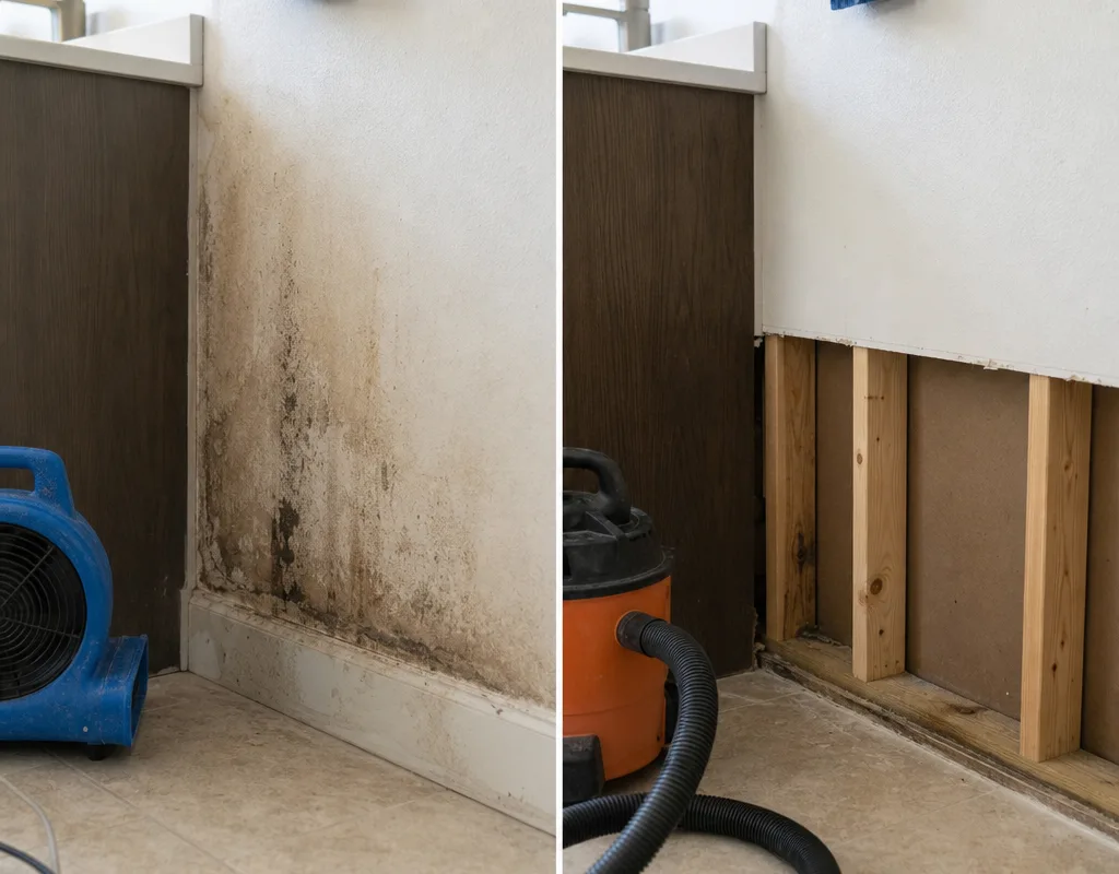 Before and after view of stained bathroom drywall removed to expose cleaned framing ready for rebuild