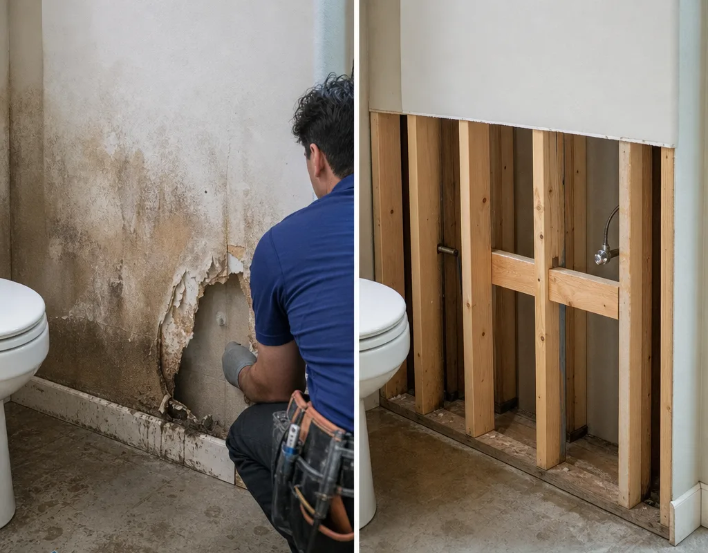 Before and after view of stained bathroom drywall removed to expose cleaned framing ready for rebuild