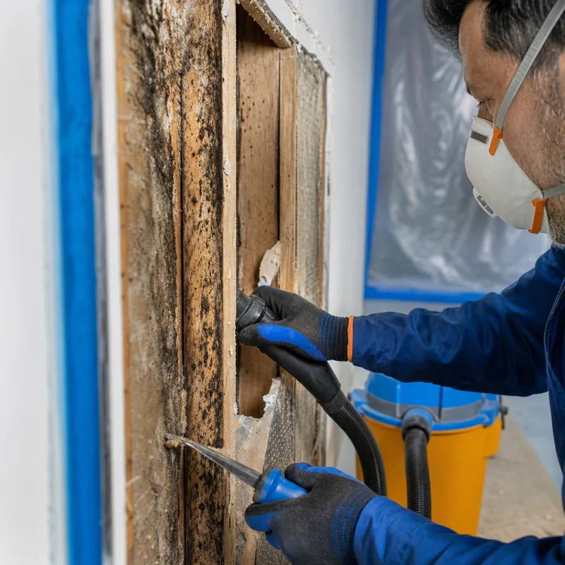 Contained wall cavity with removed drywall, mold staining, HEPA vacuum, and remediation tools
