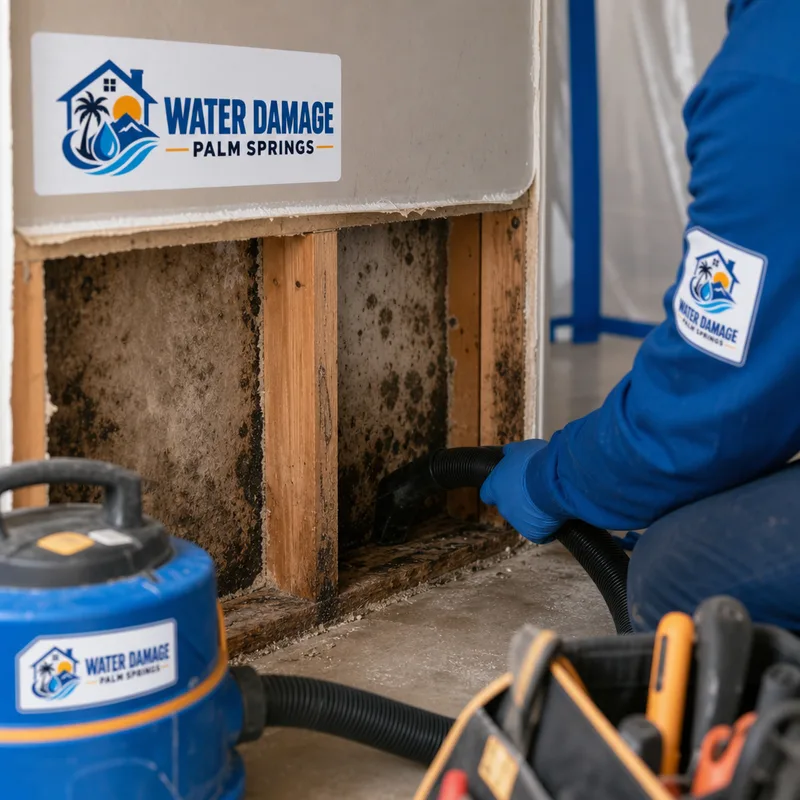 Contained wall cavity with removed drywall, mold staining, HEPA vacuum, and remediation tools