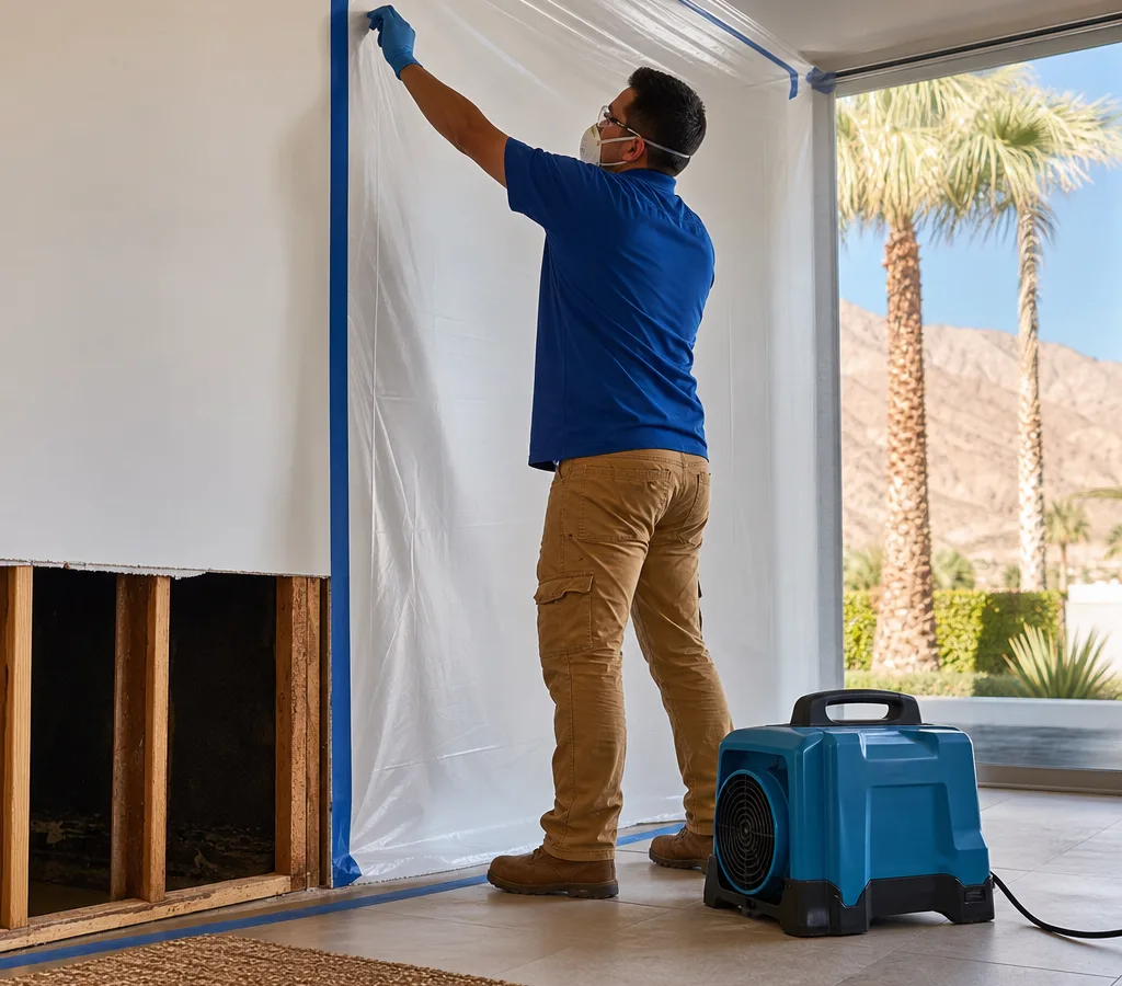 Technician in PPE setting up containment and a HEPA air scrubber in a Palm Springs home