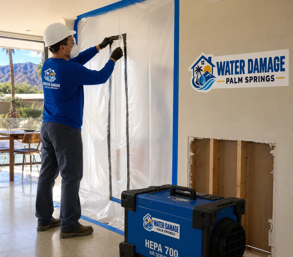 Technician in PPE setting up containment and a HEPA air scrubber in a Palm Springs home