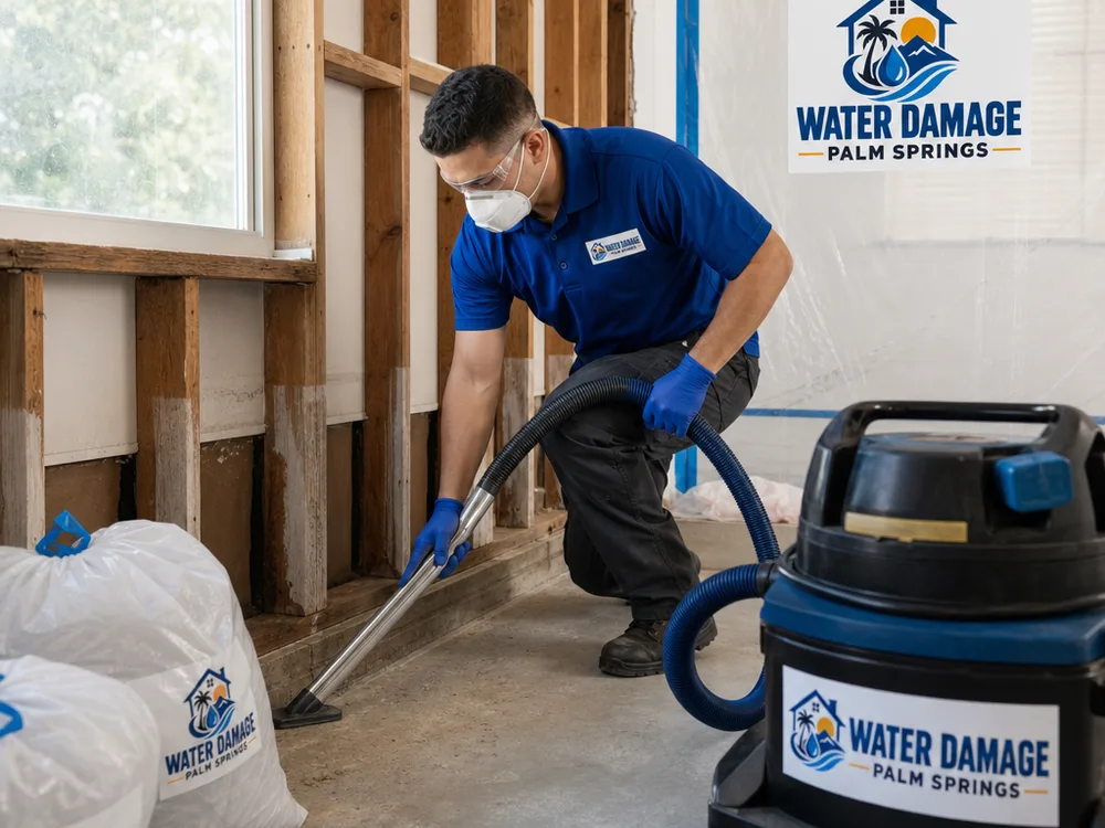 HEPA vacuuming exposed studs and subfloor inside a contained mold remediation area