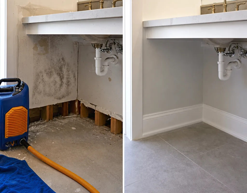 Before and after view of stained bathroom drywall cleaned, dried, and rebuilt with new drywall and baseboard