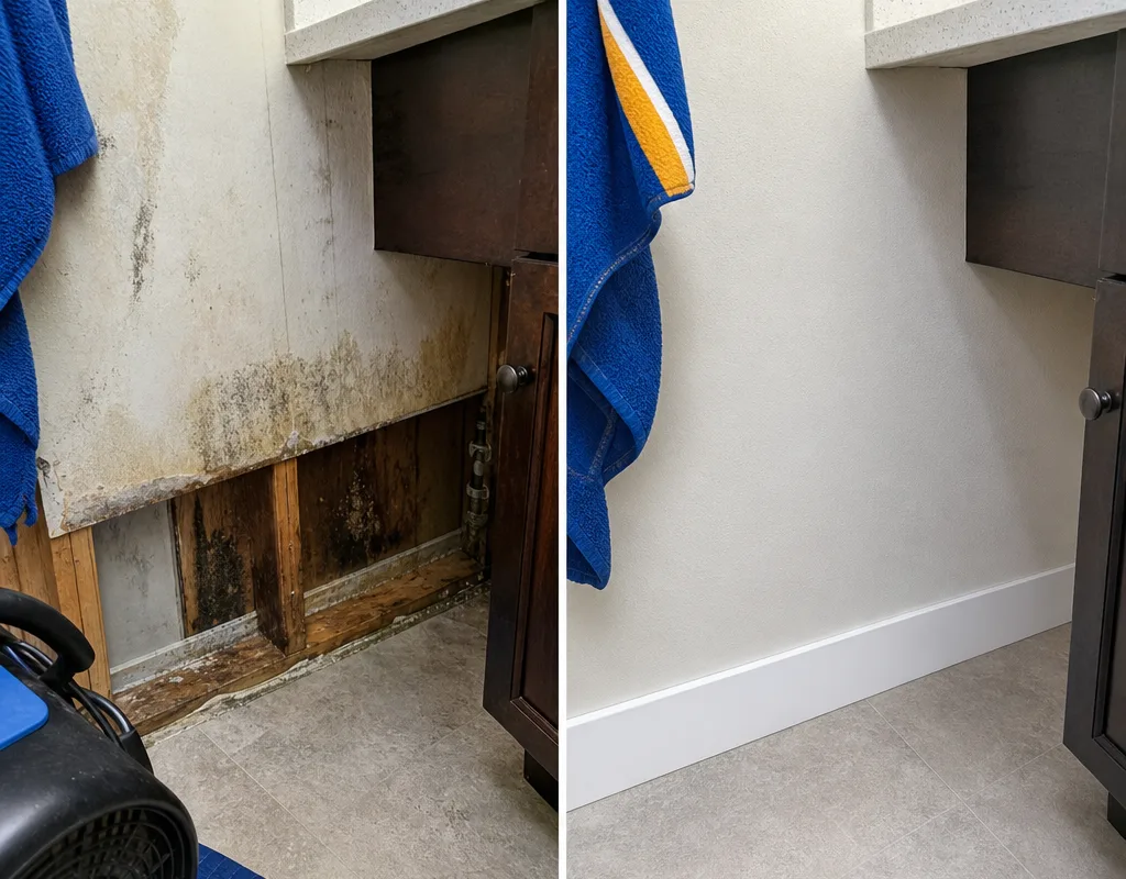 Before and after view of stained bathroom drywall cleaned, dried, and rebuilt with new drywall and baseboard