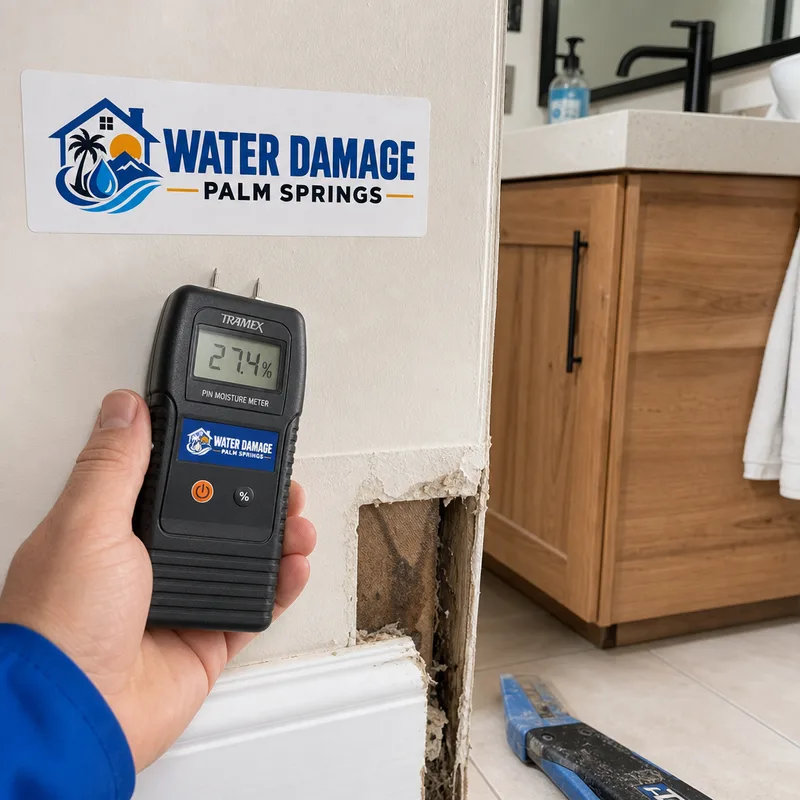 Moisture meter reading on drywall beside a bathroom vanity with baseboard removed for inspection