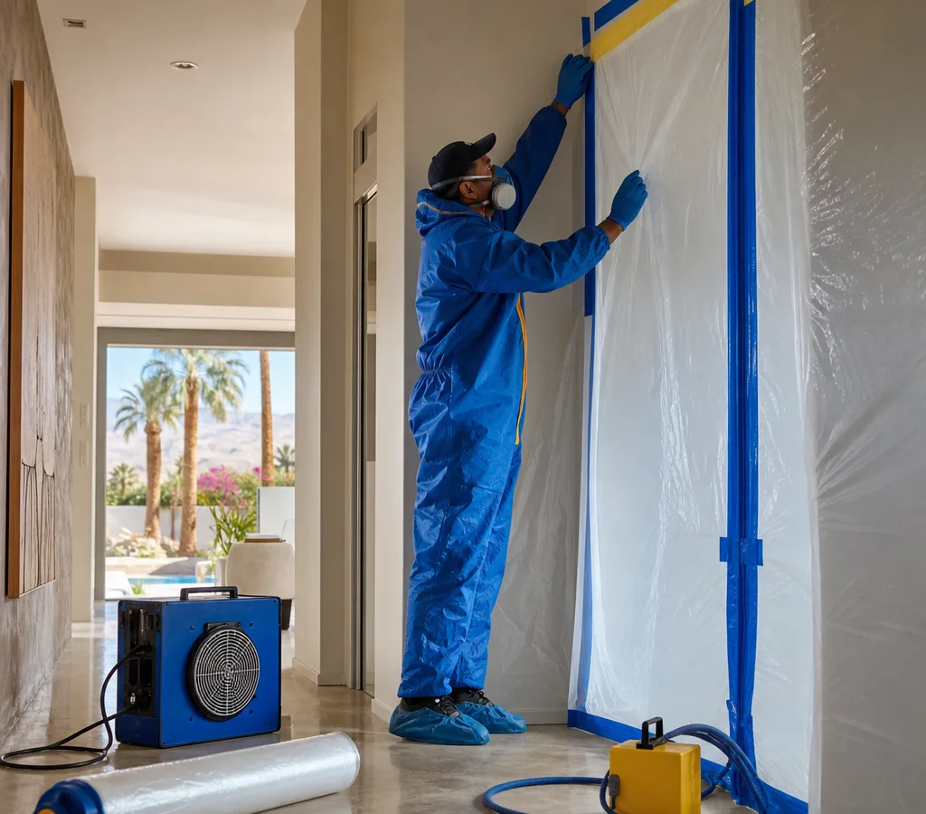 Technician in protective equipment setting up containment and a HEPA air scrubber in a Palm Springs home