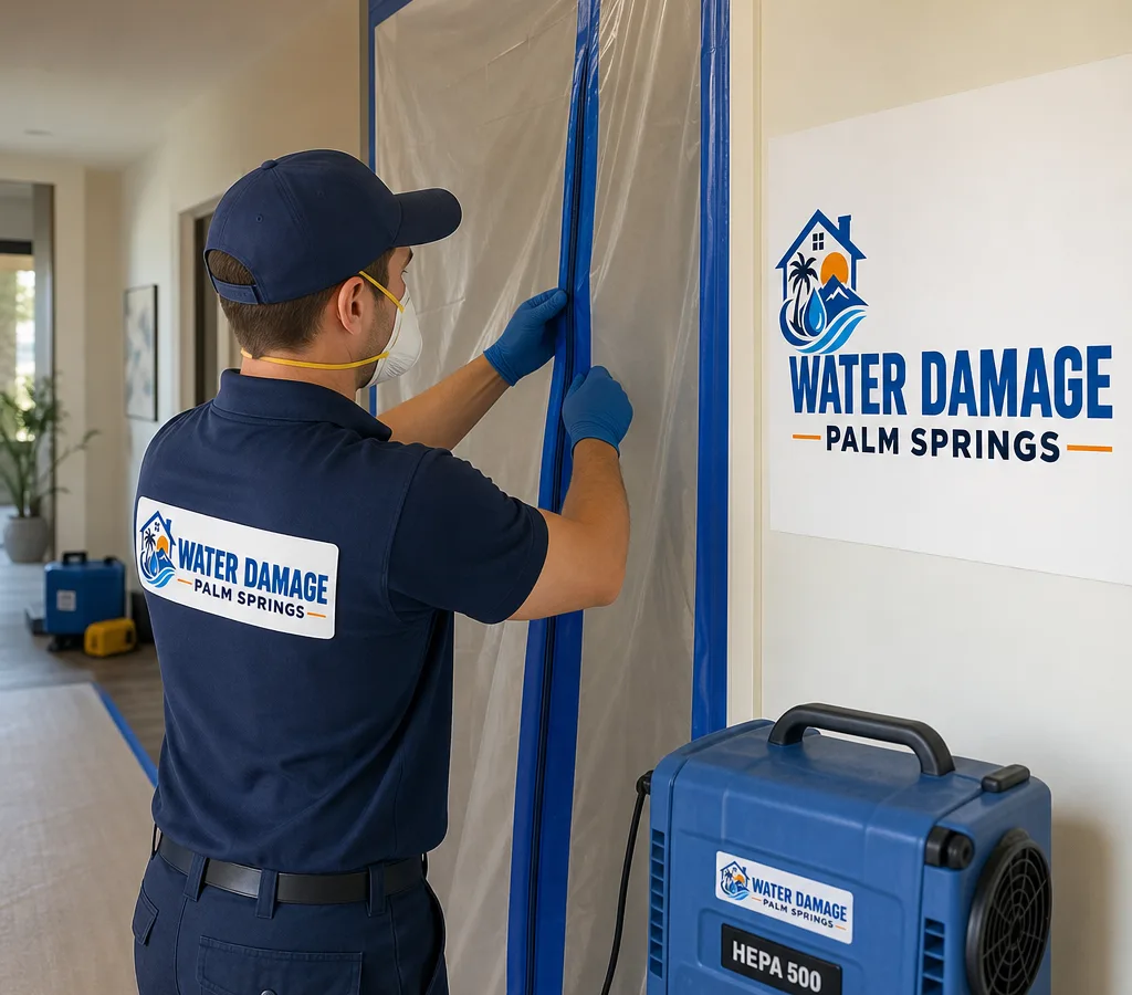 Technician in protective equipment setting up containment and a HEPA air scrubber in a Palm Springs home