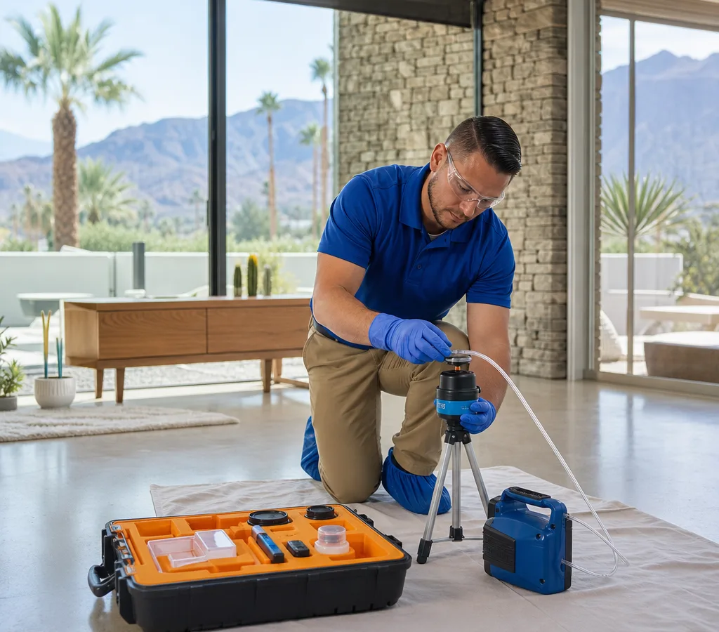 Certified inspector collecting an indoor air sample with a spore trap cassette and calibrated pump inside a Palm Springs home