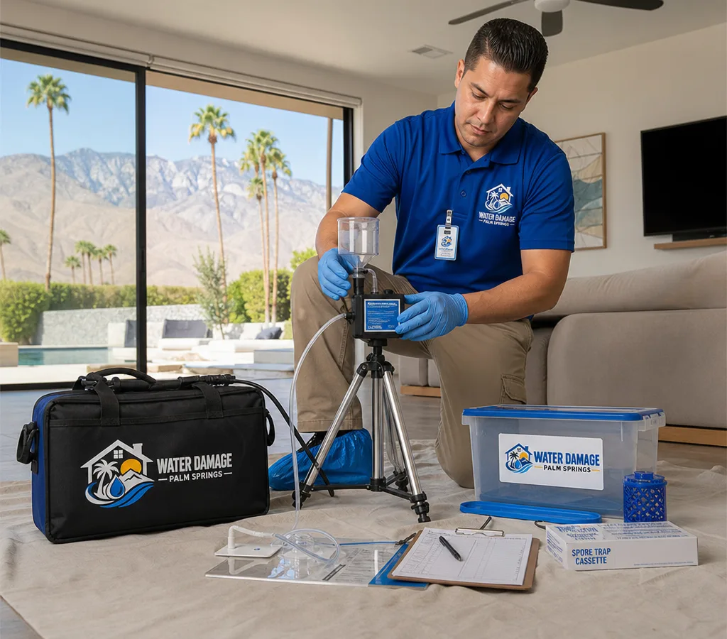 Certified inspector collecting an indoor air sample with a spore trap cassette and calibrated pump inside a Palm Springs home