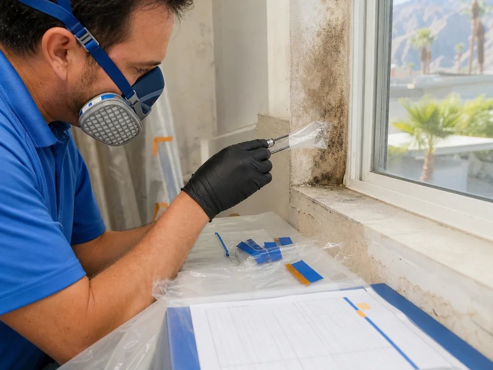 Surface tape-lift sample being taken from suspected growth near a window frame with labeled sample bags and documentation