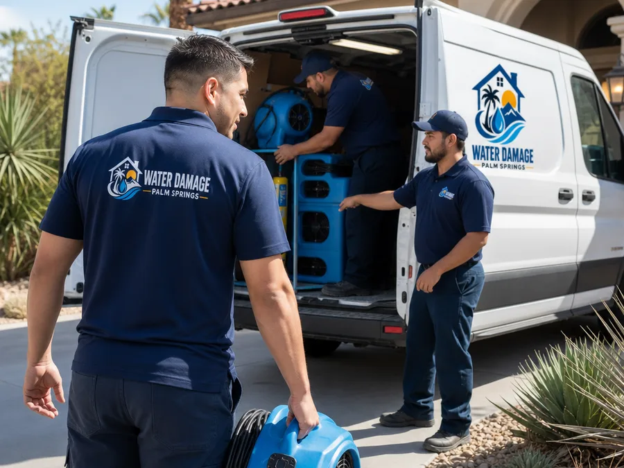 Water restoration crew loading drying equipment from a service vehicle