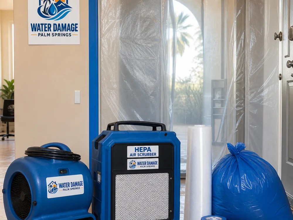 HEPA air scrubber, negative air machine, poly sheeting, tape, and waste bags prepared at a remediation jobsite